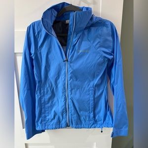 Women’s Columbia hooded wind and water resistant jacket. XS blue zipped pockets
